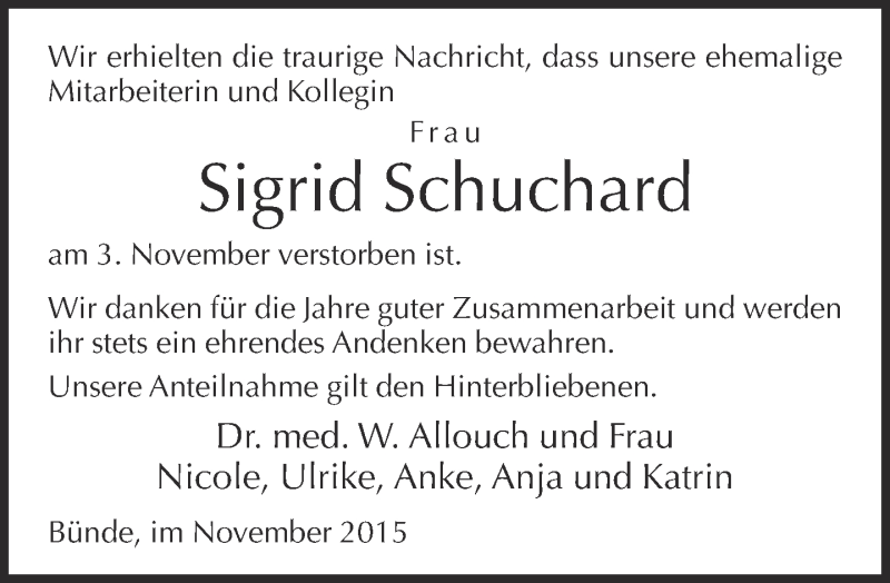  Traueranzeige für Sigrid Schuchard vom 09.11.2015 aus Neue Westfälische
