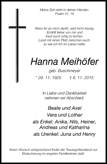 Traueranzeige von Hanna Meihöfer von Neue Westfälische