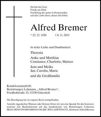 Traueranzeige von Alfred Bremer von Neue Westfälische
