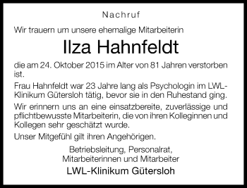 Traueranzeige von Ilza Hahnfeldt von Neue Westfälische