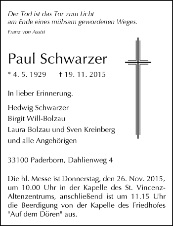 Traueranzeige von Paul Schwarzer von Neue Westfälische