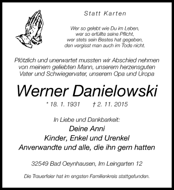 Traueranzeige von Werner Danielowski von Neue Westfälische