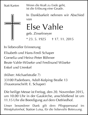 Traueranzeige von Else Vahle von Neue Westfälische
