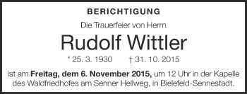 Traueranzeige von Rudolf Wittler von Neue Westfälische