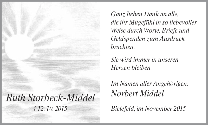 Traueranzeige für Ruth Storbeck-Middel vom 07.11.2015 aus Neue Westfälische