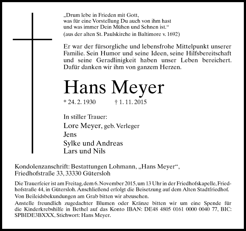  Traueranzeige für Hans Meyer vom 03.11.2015 aus Neue Westfälische
