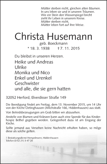 Traueranzeige von Christa Husemann von Neue Westfälische