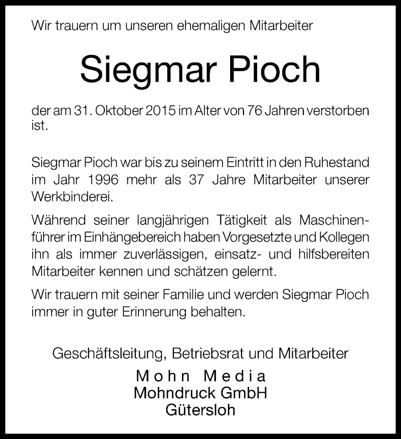  Traueranzeige für Siegmar Pioch vom 05.11.2015 aus Neue Westfälische