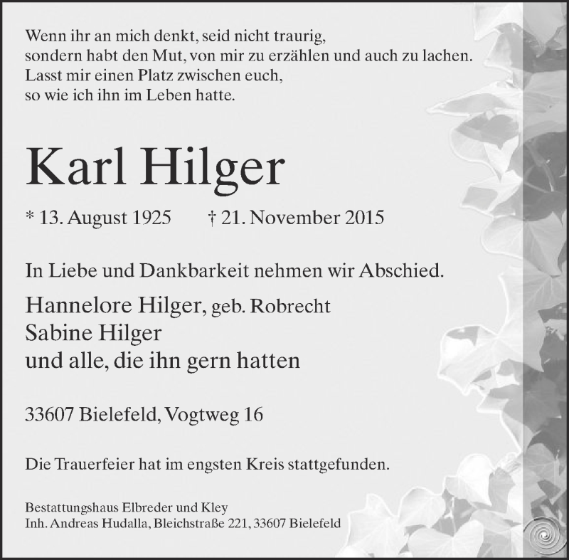  Traueranzeige für Karl Hilger vom 28.11.2015 aus Neue Westfälische