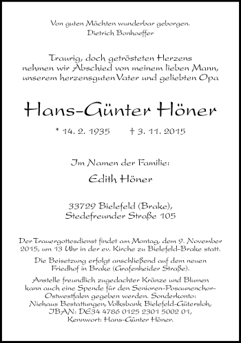 Traueranzeige von Hans-Günter Höner von Neue Westfälische