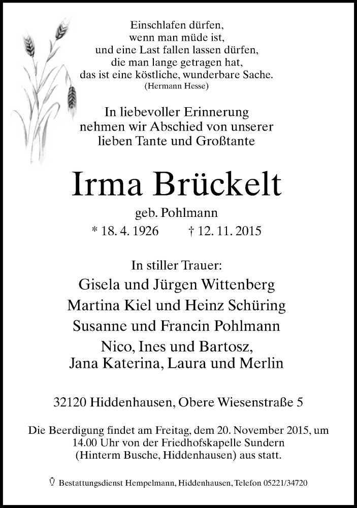  Traueranzeige für Irma Brückelt vom 14.11.2015 aus Neue Westfälische