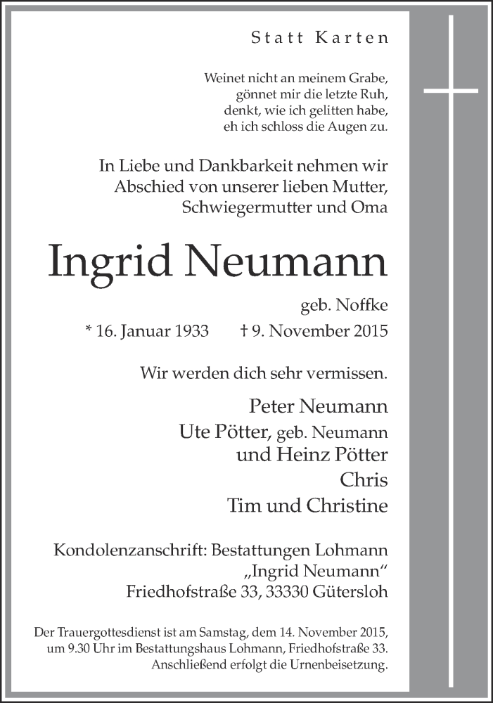  Traueranzeige für Ingrid Neumann vom 11.11.2015 aus Neue Westfälische