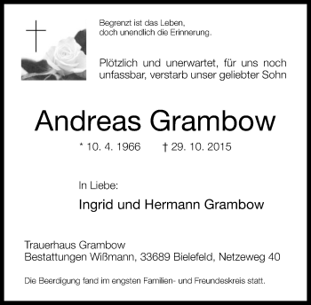 Traueranzeige von Andreas Grambow von Neue Westfälische
