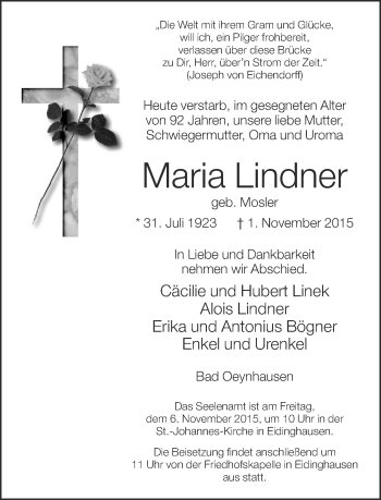 Traueranzeige von Maria Lindner von Neue Westfälische