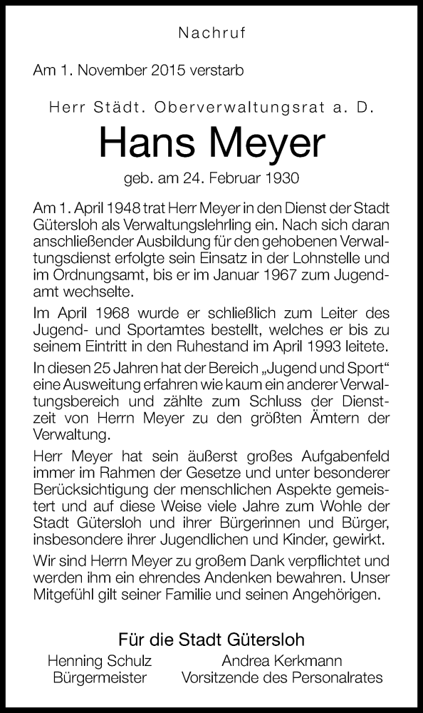  Traueranzeige für Hans Meyer vom 07.11.2015 aus Neue Westfälische