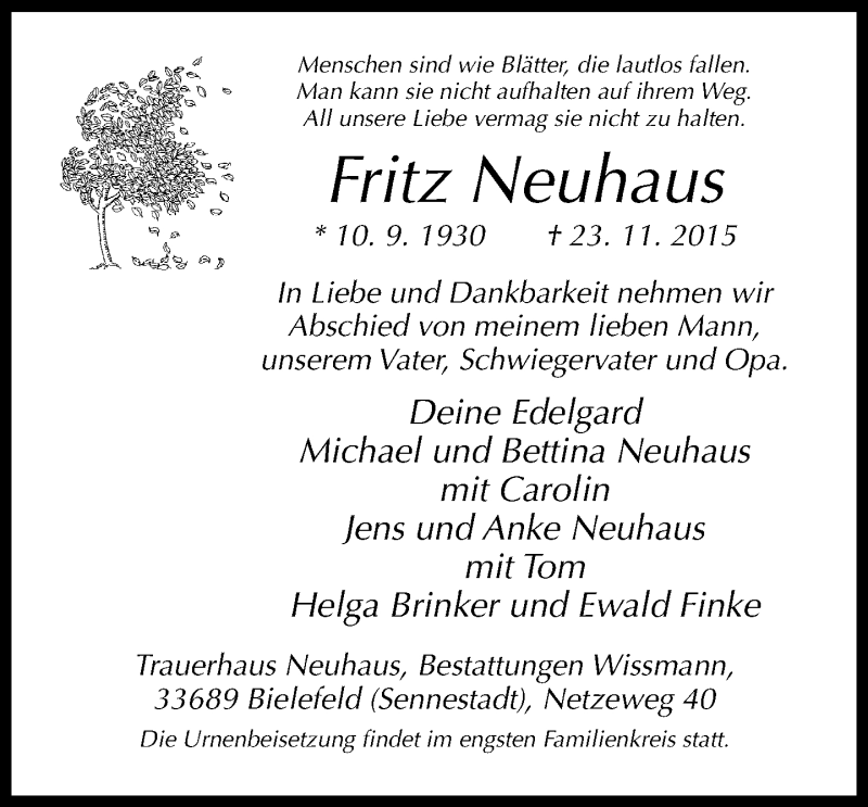  Traueranzeige für Fritz Neuhaus vom 28.11.2015 aus Neue Westfälische