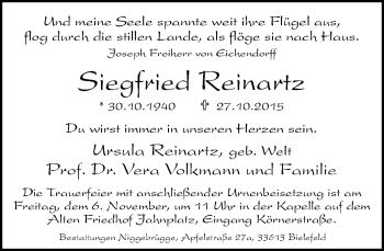 Traueranzeige von Siegfried Reinartz von Neue Westfälische
