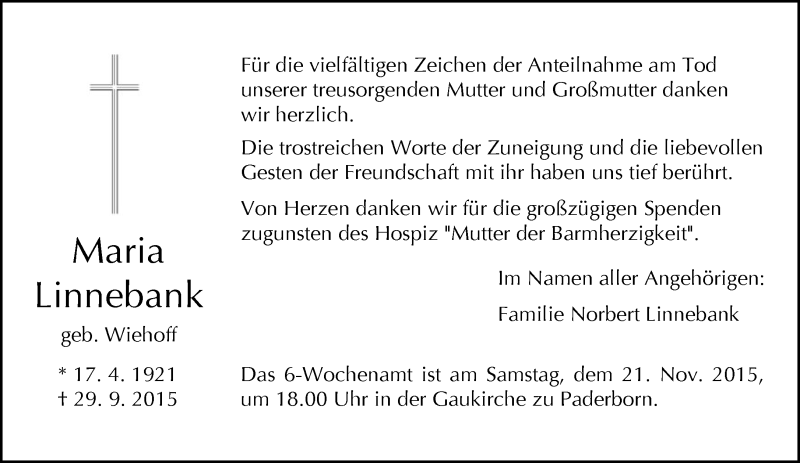  Traueranzeige für Maria Linnebank vom 14.11.2015 aus Neue Westfälische