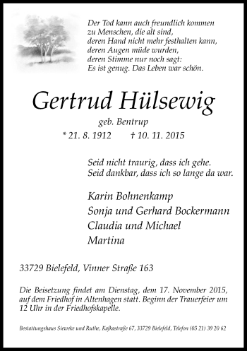Traueranzeige von Gertrud Hülsewig von Neue Westfälische