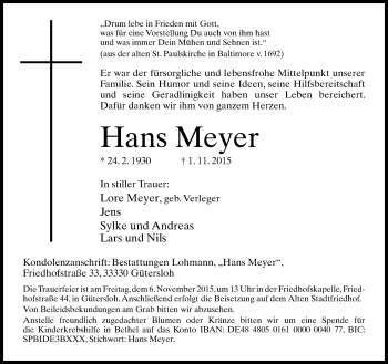 Traueranzeige von Hans Meyer von Neue Westfälische