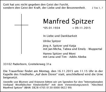 Traueranzeige von Manfred Spitzer von Neue Westfälische