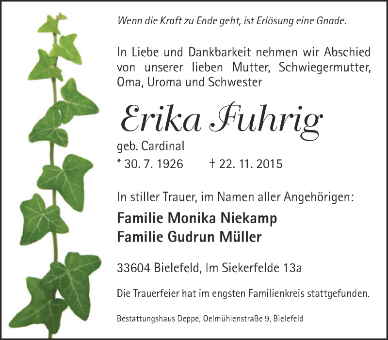  Traueranzeige für Erika Fuhrig vom 28.11.2015 aus Neue Westfälische