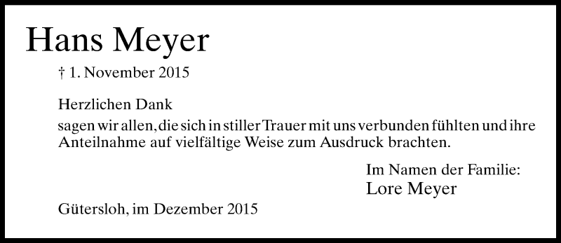  Traueranzeige für Hans Meyer vom 09.12.2015 aus Neue Westfälische
