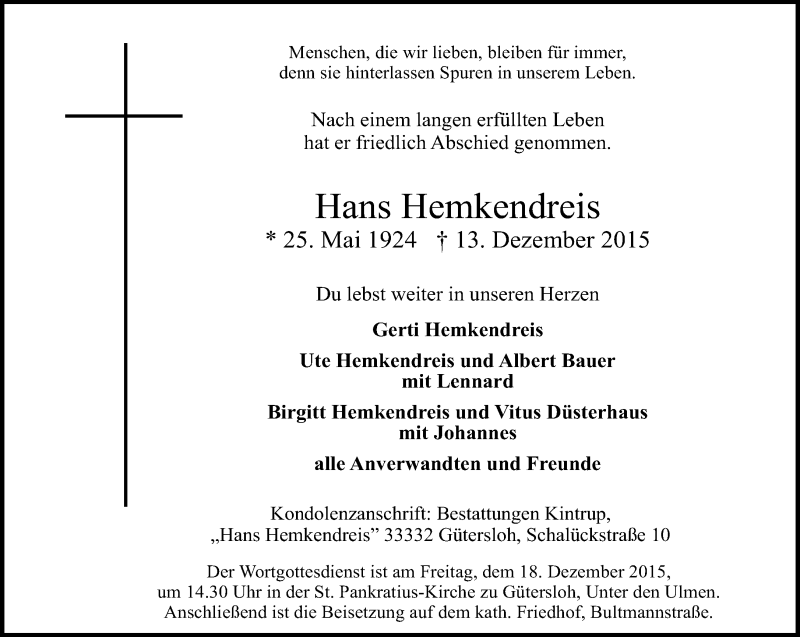  Traueranzeige für Hans Hemkendreis vom 15.12.2015 aus Neue Westfälische