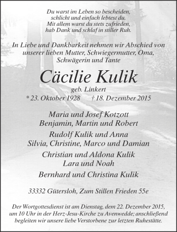 Traueranzeige von Cäcilie Kulik von Neue Westfälische