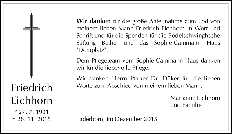  Traueranzeige für Friedrich Eichhorn vom 12.12.2015 aus Neue Westfälische