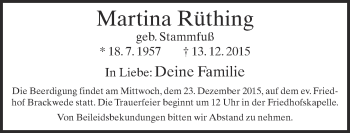 Traueranzeige von Martina Rüthing von Neue Westfälische