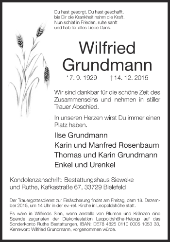 Traueranzeige von Wilfried Grundmann von Neue Westfälische