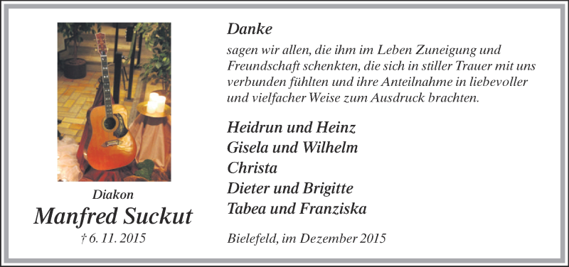  Traueranzeige für Manfred Suckut vom 05.12.2015 aus Neue Westfälische