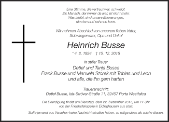 Traueranzeige von Heinrich Busse von Neue Westfälische