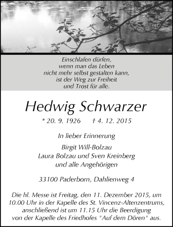 Traueranzeige von Hedwig Schwarzer von Neue Westfälische