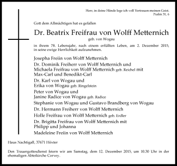 Traueranzeige von Beatrix Freifrau von Wolff Metternich von Neue Westfälische