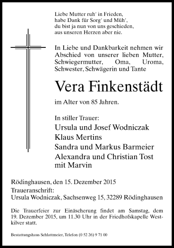 Traueranzeige von Vera Finkenstädt von Neue Westfälische