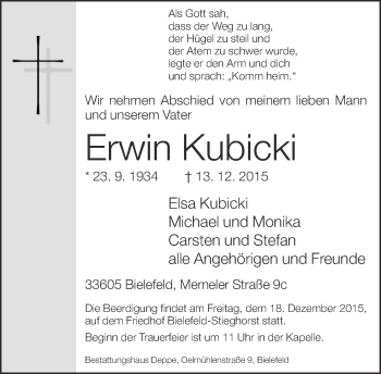 Traueranzeige von Erwin Kubicki von Neue Westfälische