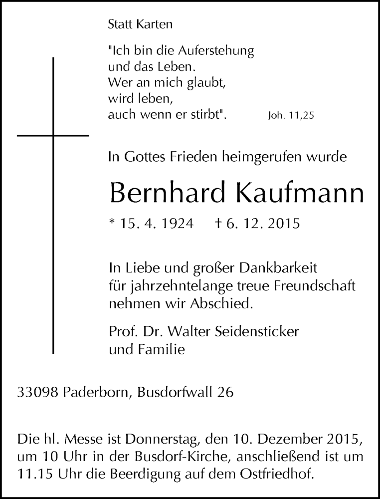  Traueranzeige für Bernhard Kaufmann vom 08.12.2015 aus Neue Westfälische