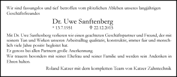 Traueranzeige von Uwe Sanftenberg von Neue Westfälische