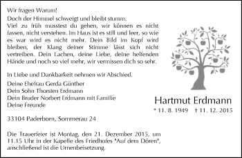 Traueranzeige von Hartmut Erdmann von Neue Westfälische