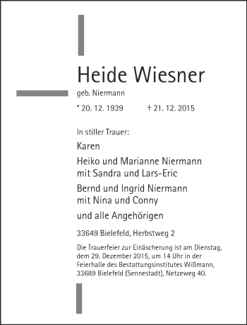 Traueranzeige von Heide Wiesner von Neue Westfälische