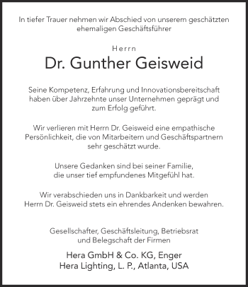 Traueranzeige von Gunther Geisweid von Neue Westfälische