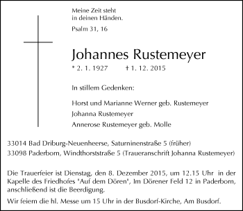 Traueranzeige von Johannes Rustemeyer von Neue Westfälische