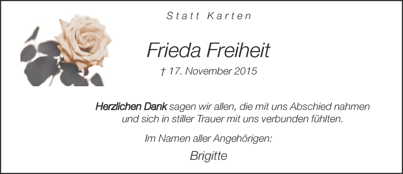 Traueranzeige für Frieda Freiheit vom 12.12.2015 aus Neue Westfälische