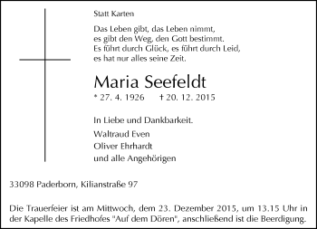 Traueranzeige von Maria Seefeld von Neue Westfälische