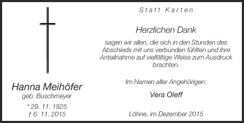 Traueranzeige von Hanna Meihöfer von Neue Westfälische
