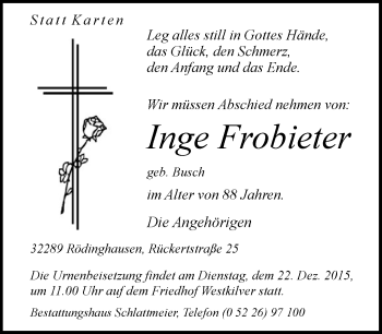 Traueranzeige von Inge Frobieter von Neue Westfälische