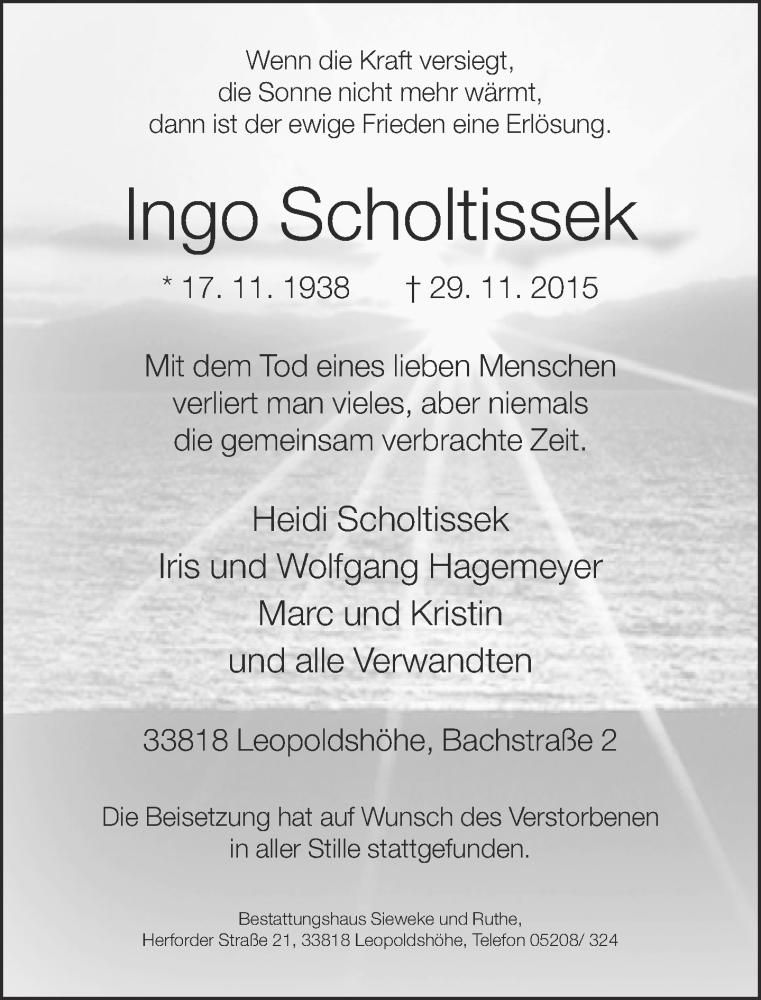  Traueranzeige für Ingo Scholtissek vom 05.12.2015 aus Neue Westfälische