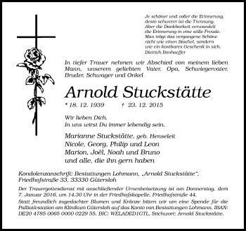 Traueranzeige von Arnold Stuckstätte von Neue Westfälische